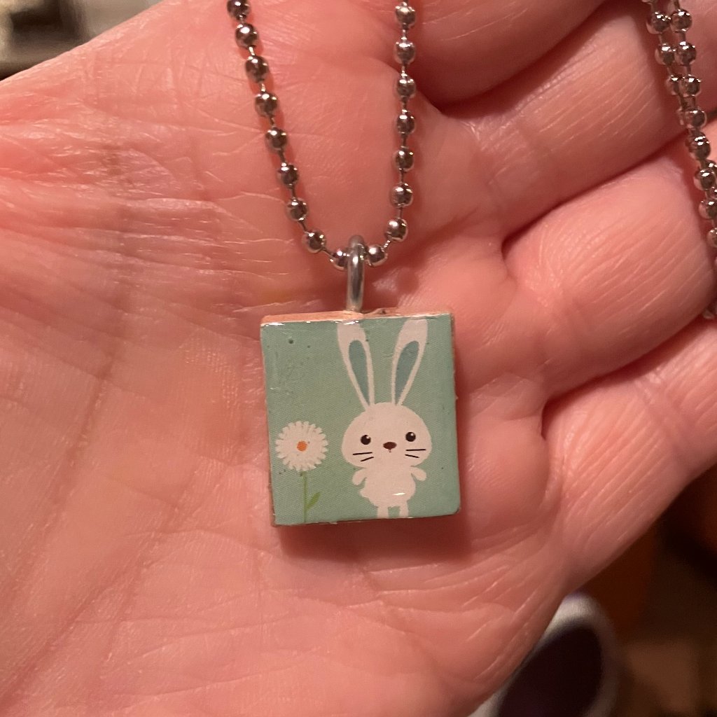(2/$12, 4/$20) Blue Easter Bunny With Daisy Scrabble Necklace